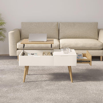 White & Natural Wooden Rectangular Multifunctional Coffee Table with Drawer Lift-Top Storage Table